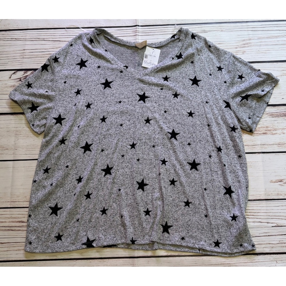 143 Story by Line Up Womens 3X Star Print V-Neck Tee Heather Grey